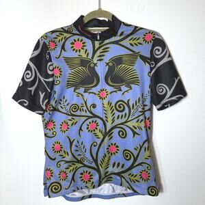 Y2K Sugoi Sz S Zip 3 Back Cargo Pockets Cycling Jersey Bird Folk Art Bold Print